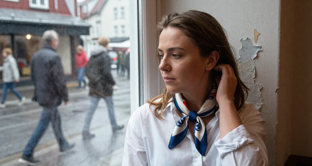 A calm Female From Norway, based in Stavanger, graduated from a cultural college majoring in mood-centered photography in their 24, learning to prioritize emotional well-being, wearing a silk scarf tied around the neck of a white shirt, tucking hair behind an ear in a rainy window seat.