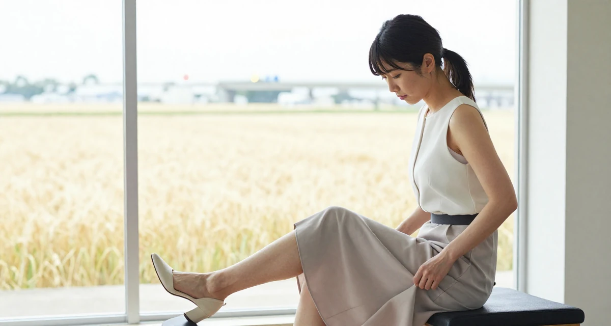 A nostalgic Female From Japan, majored in animation in their 41, expert in digital marketing for small biz, wearing a elegant evening casual wear, fixing the hem of a skirt in a gym interior.