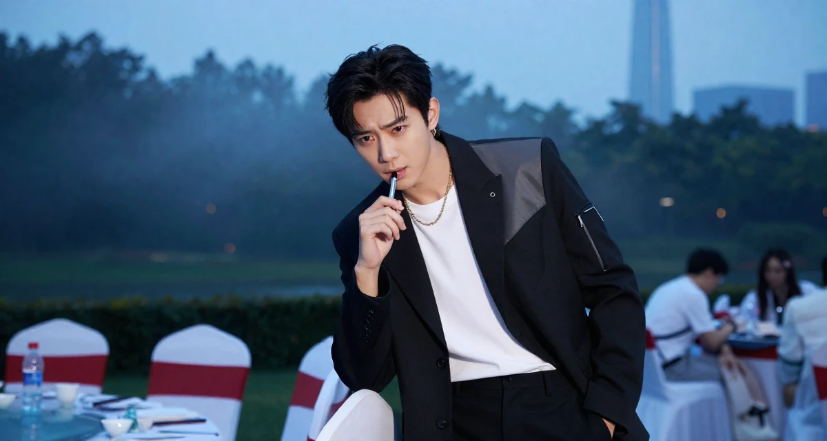 A worried male From Shenzhen China, graduated in computer science in their 24, leaning into confidence as a form of creative expression, wearing a modern tech-wear inspired look, chewing on a pen thoughtlessly in a banquet hall.