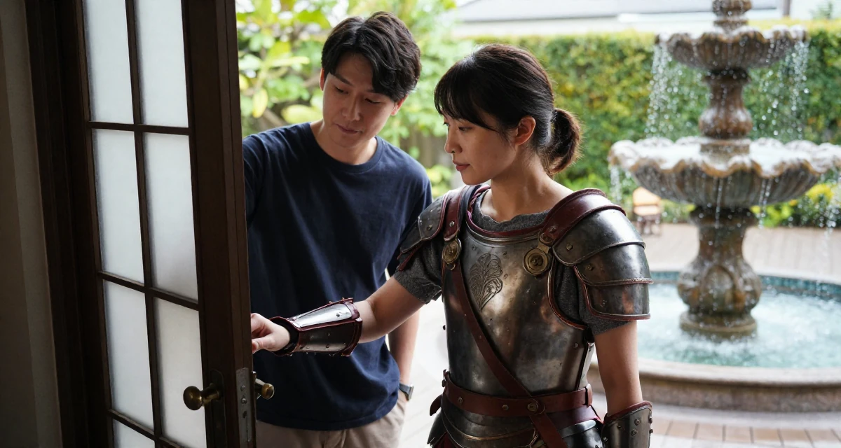 A peaceful Female From Japan, majored in mechanical engineering in their 34, refining personal style to be timeless, wearing a gladiator armor with leather straps and a metal breastplate, opening a door in a sunny patio.