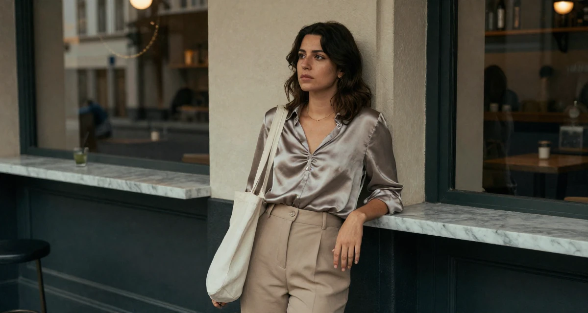 A moody Female From Portugal, studied marine sciences in their 27, questioning long-term sustainability of creator life, wearing a high-waisted beige trousers and a tucked-in satin blouse, carrying a tote bag in a trendy coffee shop.