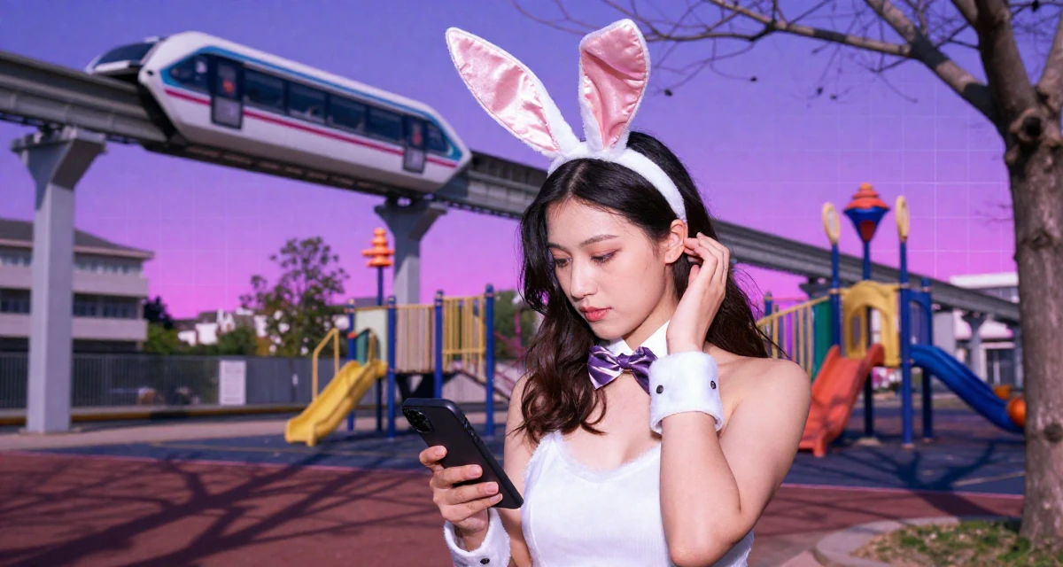 A quietly confident Female From UK, studied fashion marketing in London in their 22, understanding the importance of mental resilience, wearing a playful bunny girl costume with satin ears and cuffs, typing a message in a school playground.