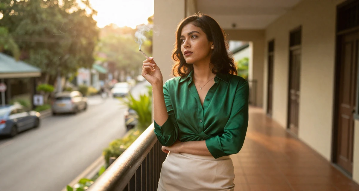 A captivating Female From Malaysia, majored in international business in their 29, solidifying professional reputation, wearing a emerald green silk blouse and a cream skirt, holding a cigarette (lit or unlit) in a zoo pathway.
