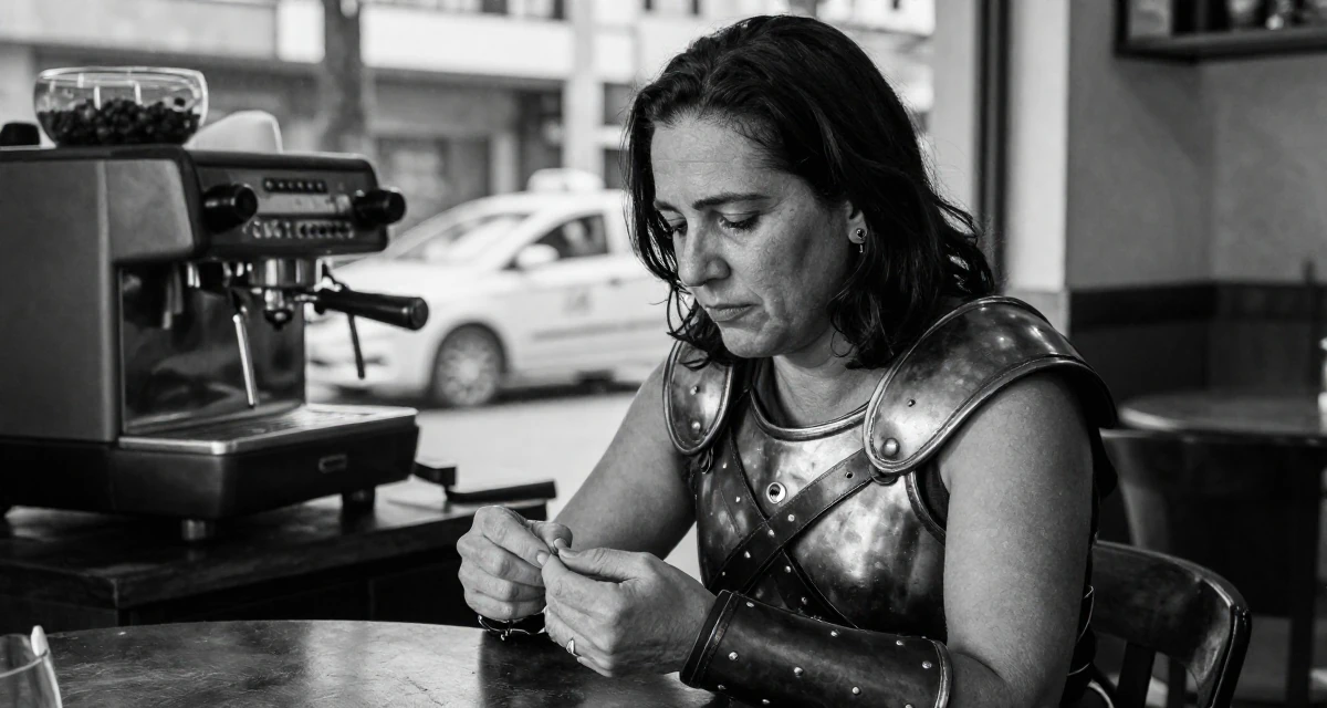 A nostalgic Female From Brazil, studied software engineering in their 50, exploring semi-retirement options, wearing a gladiator armor with leather straps and a metal breastplate, inspecting fingernails in a cozy café.
