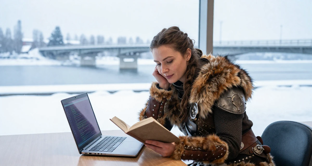 A serene and peaceful Female From Finland, studied agricultural economics in their 25, building long-term loyalty with core subscribers, wearing a viking shield-maiden outfit with fur and leather, reading a book intently in a bowling alley.