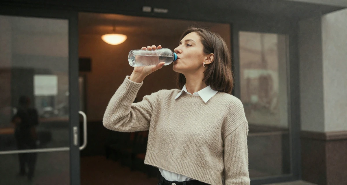 A unbothered Female From Kazakhstan, studied financial mathematics in their 38, focused on longevity and holistic wellness, wearing a cropped sweater over a collared shirt, drinking from a water bottle in a cinema entrance.
