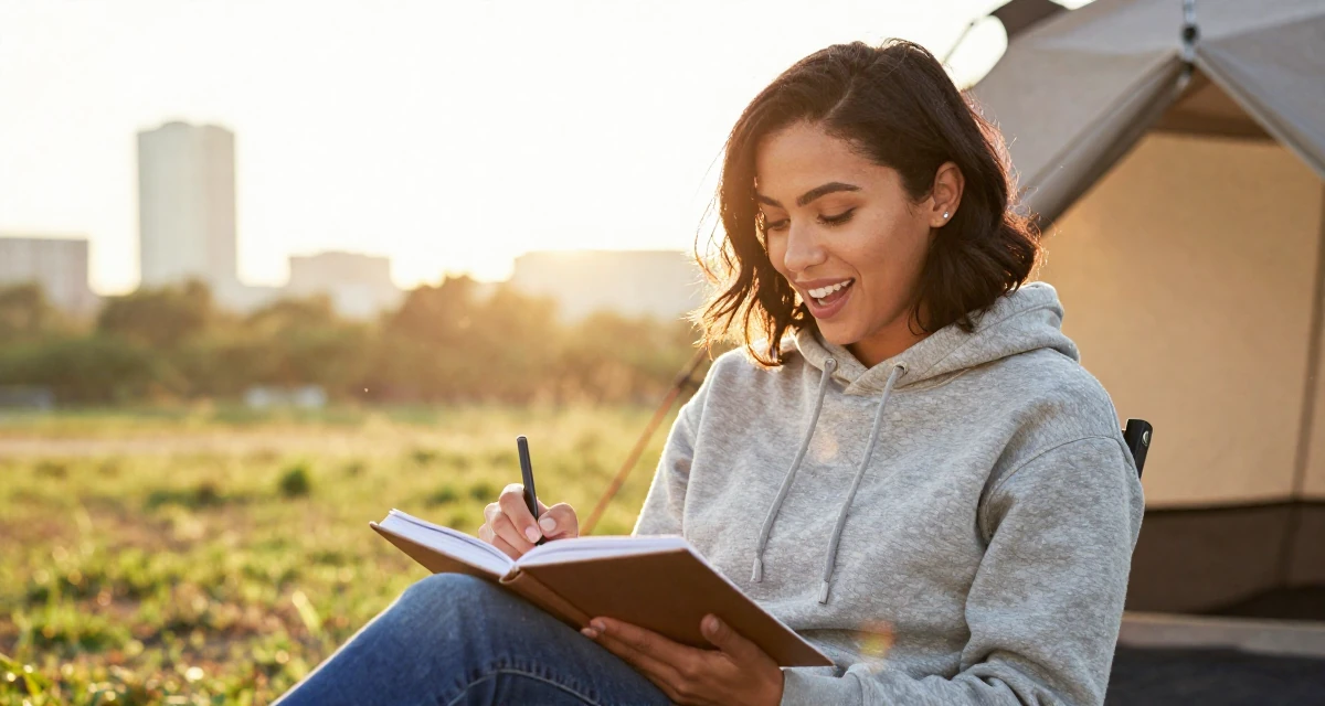 A vibrant and alive Female Former fashion retail worker, now curating premium outfit inspiration in their 25, rethinking long-term career trajectory, wearing a classic grey hoodie and jeans, writing in a journal in a camping site.