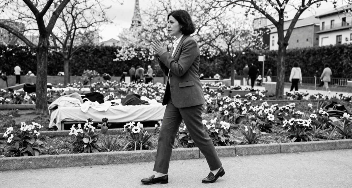 A magnetic Female From Madrid Spain, studied journalism in their 42, sharing the reality of executive burnout, wearing a polished loafer and trousers look, rubbing hands together for warmth in a blooming flower garden.