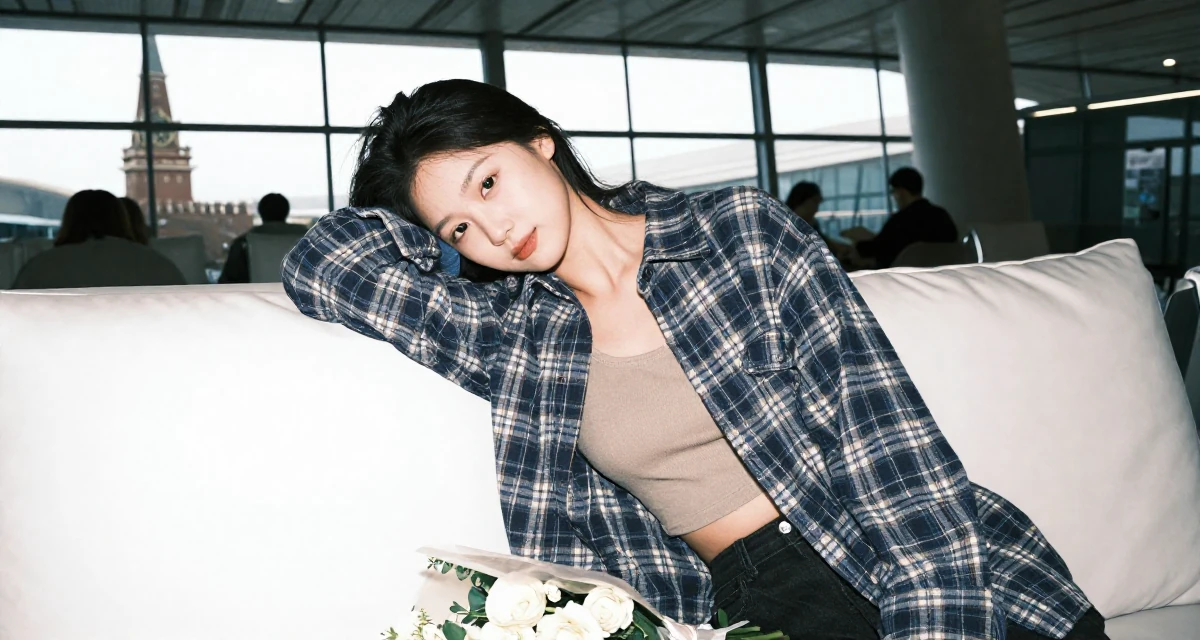 A sincere Female From Mongolia, majored in history and culture in their 23, managing early burnout from overcommitment, wearing a oversized flannel shirt unbuttoned over a crop top, holding a bouquet in a airport departure lounge.