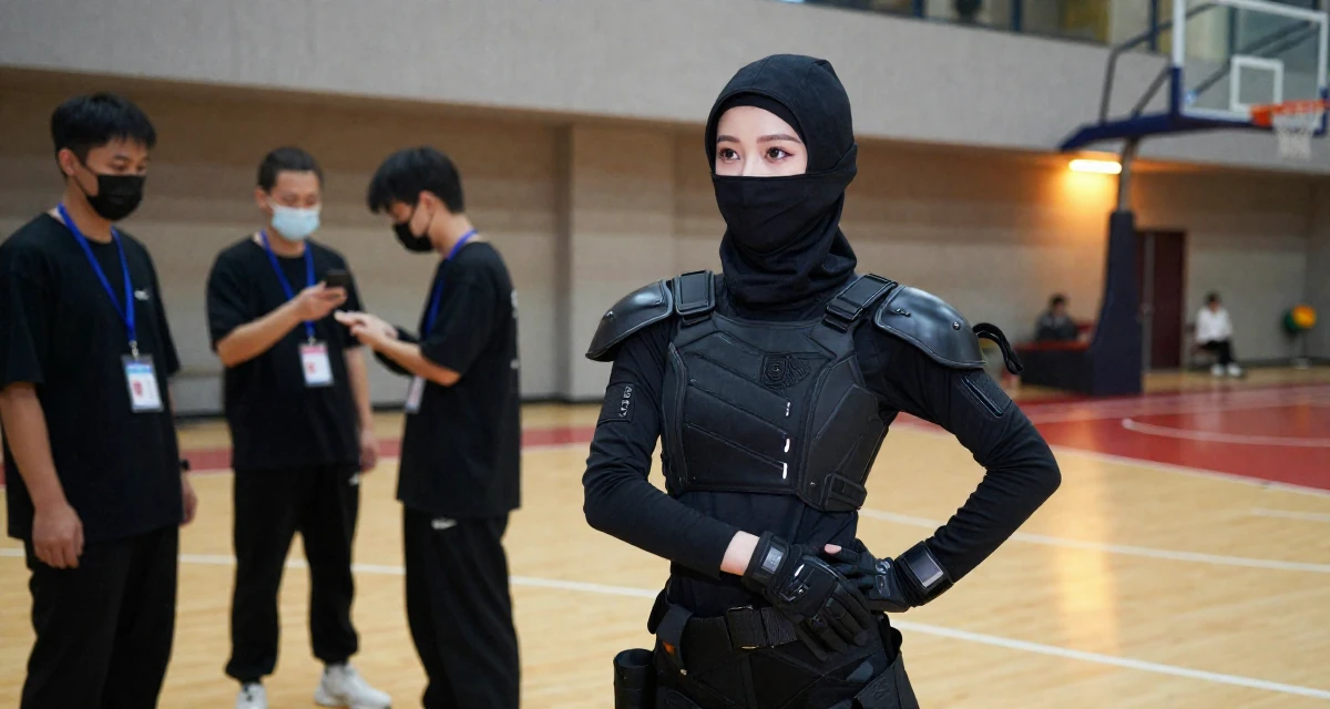 A gentle Female From Macau, learned performance makeup from casino backstage crews in their 22, managing multiple social platforms for promotion, wearing a tech-wear ninja outfit with a face mask, putting on a glove in a basketball court.