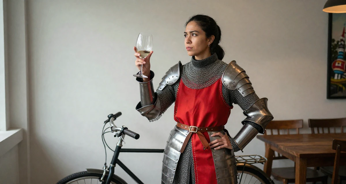 A intense and captivating Female From Malaysia, based in Penang, graduated from a private university majoring in digital media in their 57, balancing health issues and work, wearing a female knight armor with a tabard and chainmail, holding a wine glass by the stem in a dining room.