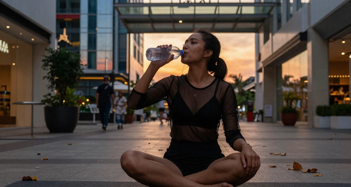 A relaxed and observant Female From Thailand, based in Phuket, graduated from a media academy majoring in tropical glamour production in their 38, investing in real estate and passive income, wearing a sheer mesh top layered over a black bralette, drinking from a water bottle in a shopping mall atrium.