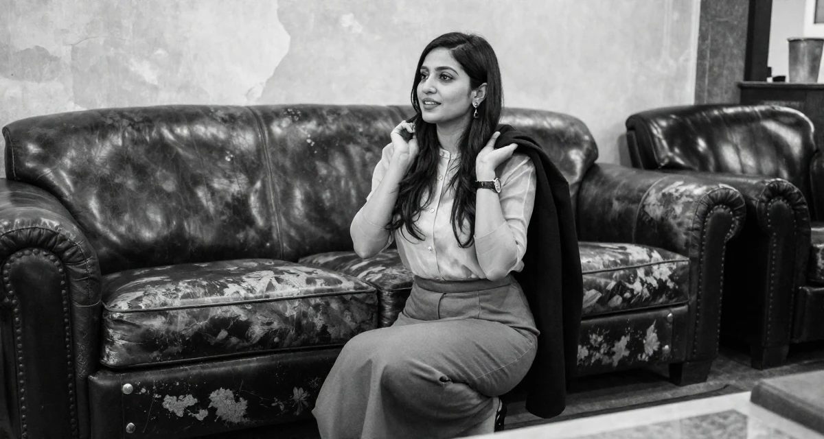 A hopeful Female From Pakistan, majored in mass communication in their 24, investing in quality furniture and lifestyle, wearing a sheer sleeve blouse and a high-waisted skirt, holding a jacket over a shoulder in a banquet hall.