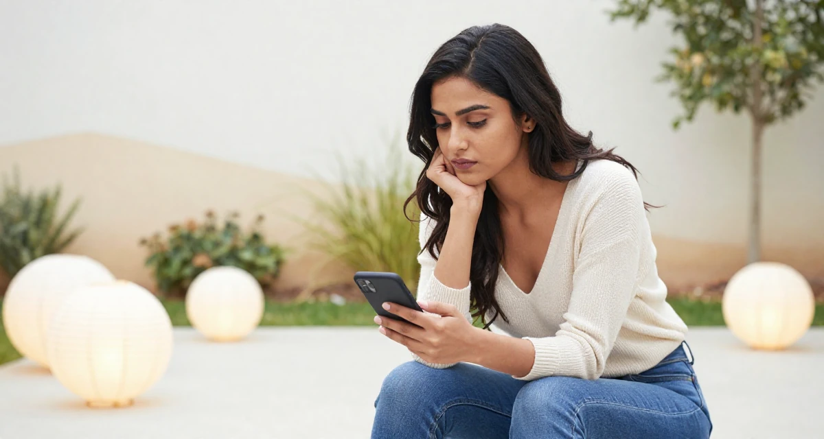 A solemn Female Born in India, studied data analytics for media in their 25, learning to flirt through camera presence alone, wearing a plunging v-neck sweater and skinny jeans, scrolling casually in a backyard garden.