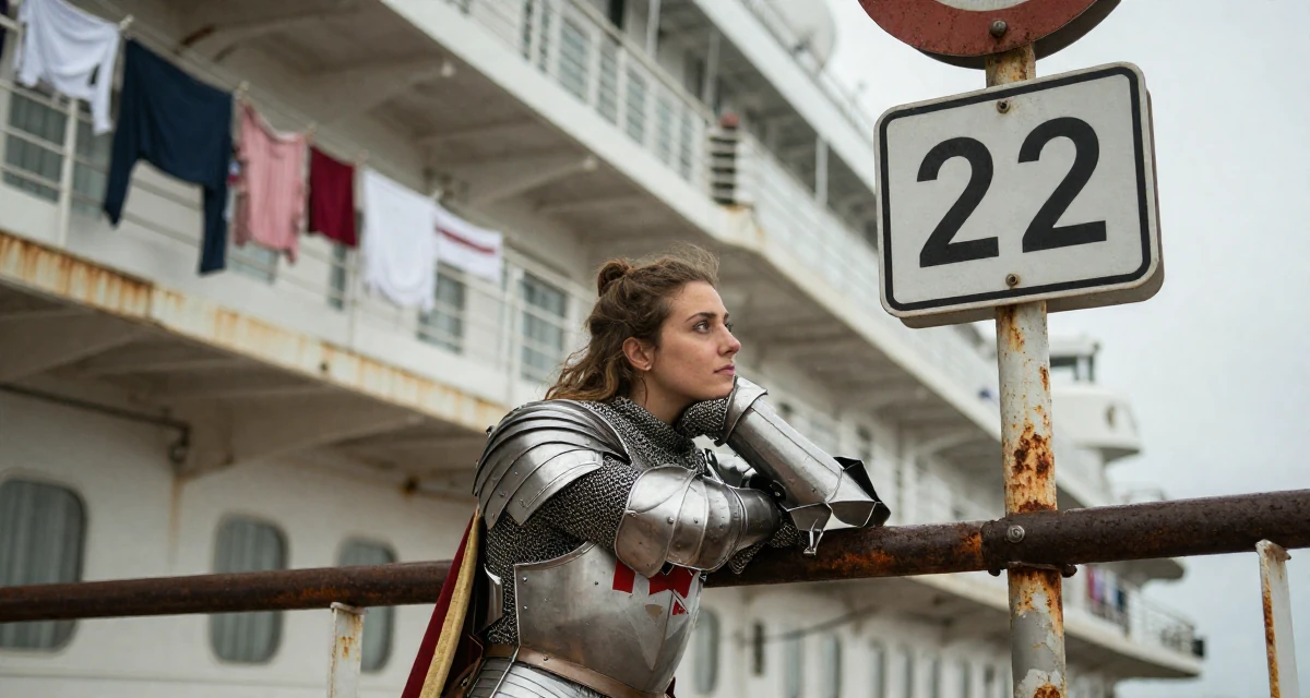 A melancholic yet beautiful Female From Canada, trained in advertising and branding in their 22, facing creative blocks during busy weeks, wearing a female knight armor with a tabard and chainmail, looking at a street sign in a cruise ship deck.