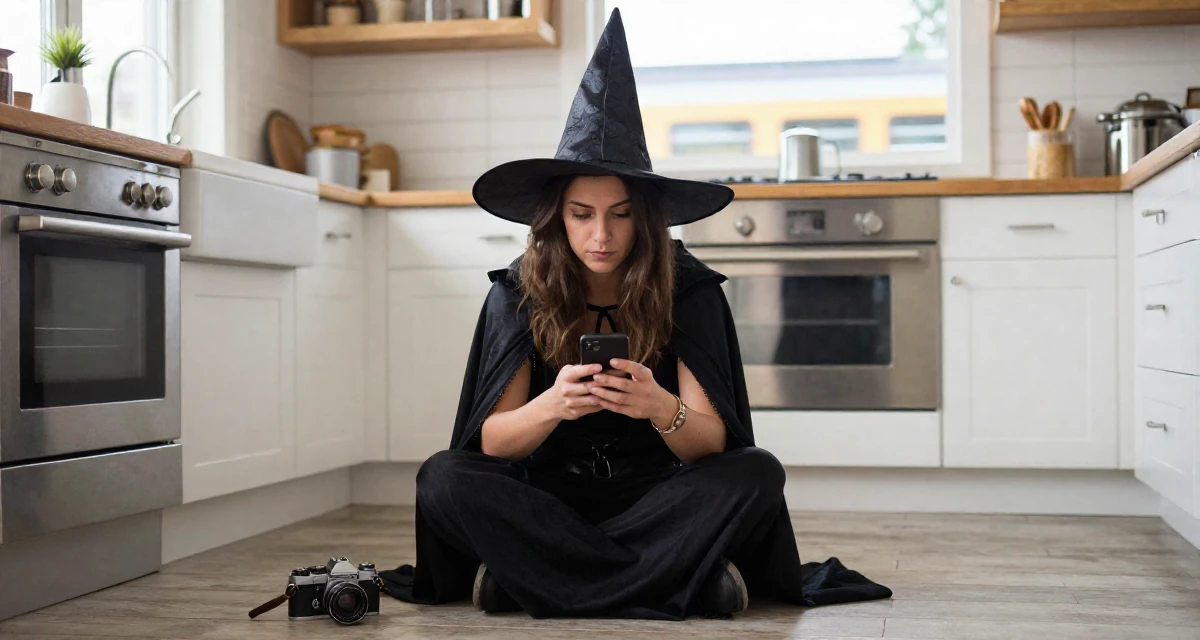 A solemn but kind Female From Canada, based in Vancouver, graduated from an arts institute majoring in creative media in their 25, understanding which content gains real engagement, wearing a classic witch costume with a wide-brimmed hat, checking a phone in a rustic kitchen.