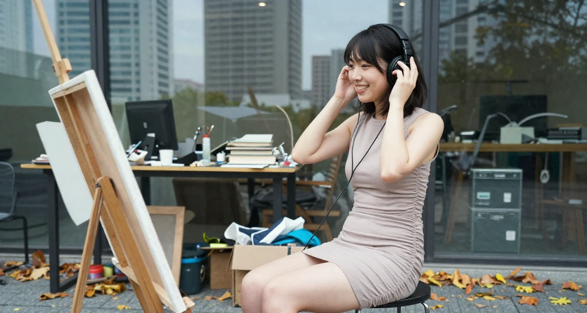 A relaxed and happy Female From Japan, majored in animation in their 38, single dad sharing parenting hacks, wearing a ruched mini dress that accentuates the figure, adjusting headphones in a messy artist studio.