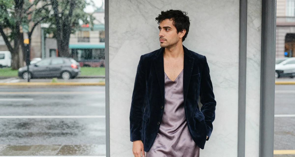 A resilient male From Argentina, based in Rosario, graduated from a national university majoring in audiovisual production in their 32, managing high-stakes projects with calm, wearing a velvet blazer and a silk slip dress, shifting weight impatiently in a bus stop in the rain.