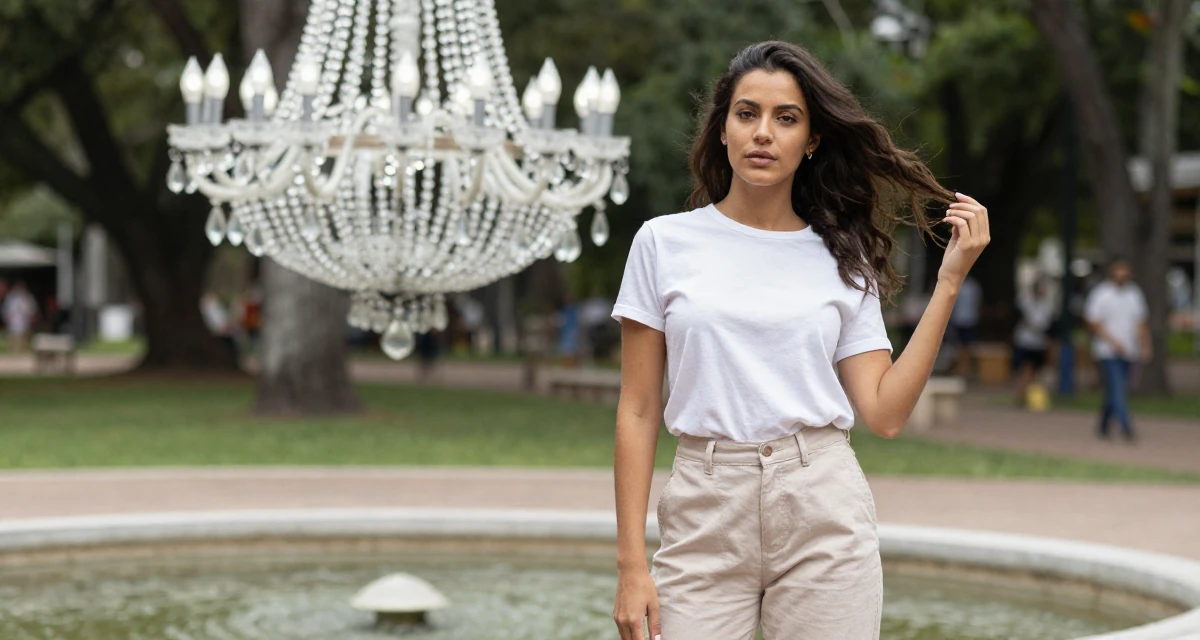 A quietly confident Female From Brazil, studied architecture and urban planning in their 25, understanding which content gains real engagement, wearing a clean, neutral-toned casual outfit, twirling a lock of hair in a quiet park.