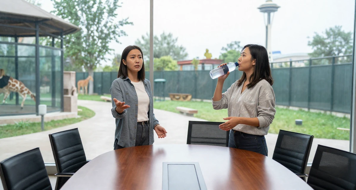 A worried Female From Mongolia, based in Ulaanbaatar, graduated from a national university majoring in media studies in their 35, juggling co-parenting and a dating life, wearing a modern casual lifestyle wear, drinking from a water bottle in a zoo enclosure path.
