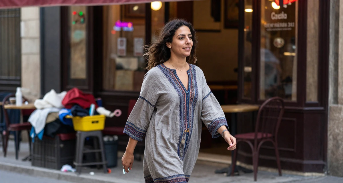A friendly Female From Cairo Egypt, studied expressive arts therapy in their 36, focusing on mental health and mindfulness, wearing a relaxed bohemian style dress, shivering slightly in a neon-lit street.