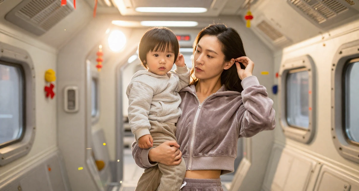 A thoughtfully silent Female From Chongqing China, holds a degree in psychology in their 35, raising a toddler while building a business, wearing a velour tracksuit with a cropped zip-up hoodie, tucking hair behind an ear in a spaceship corridor.