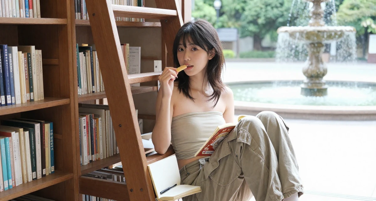 A harmonious Female From Japan, based in Fukuoka, graduated from a media college majoring in soft-glam creative production in their 22, planning monthly photoshoots on a tight budget, wearing a strapless tube top and cargo pants, holding a snack in a old library with wooden ladders.