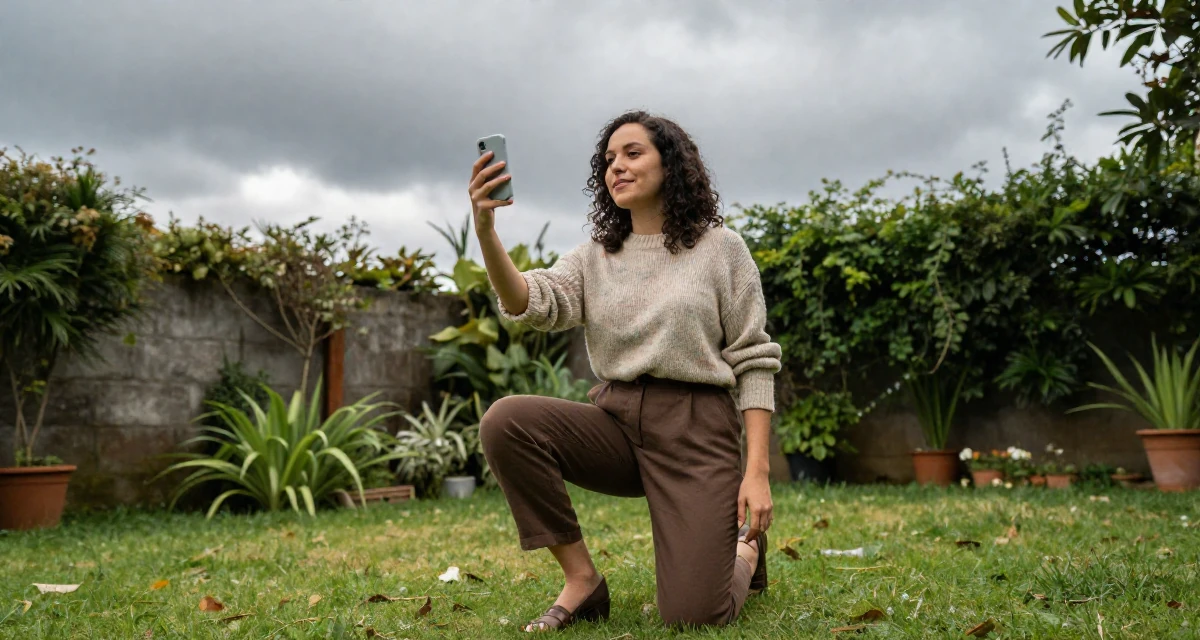 A contented Female From Brazil, majored in sociology in their 22, exploring slow, teasing video styles within comfort limits, wearing a vintage sweater and high-waist pants, pausing mid-step in a backyard garden.