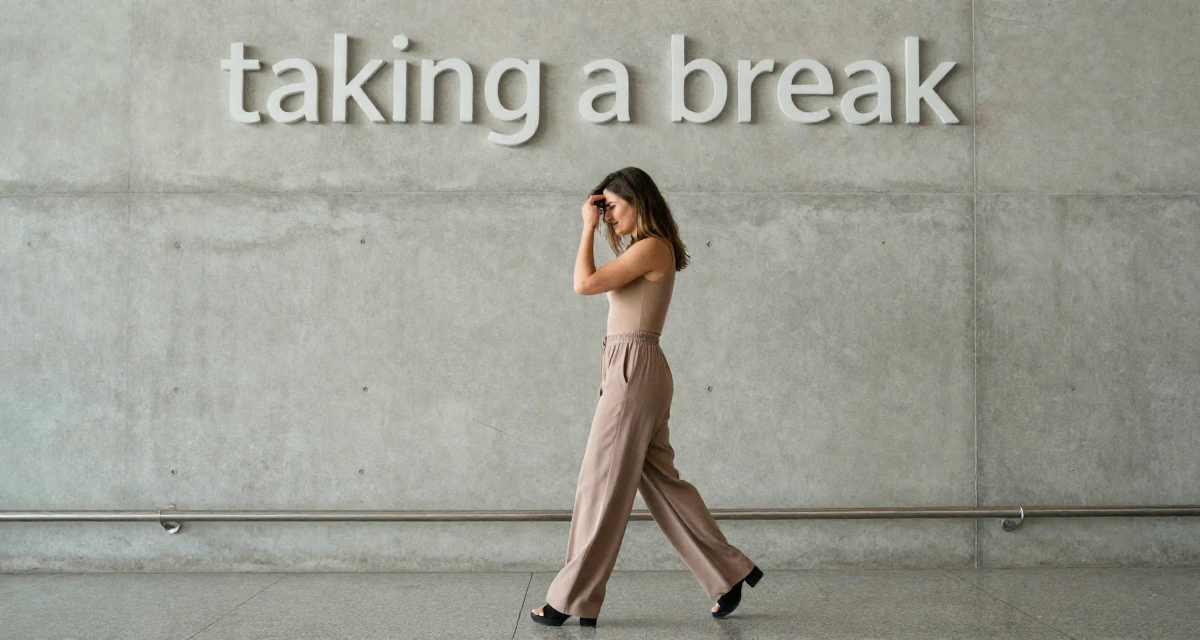A carefree Female From Kyrgyzstan, majored in public health in their 29, managing emotional burnout disguised as “taking a break”, wearing a fitted bodysuit and wide-leg dress pants, brushing hair away from the face in a airport terminal.