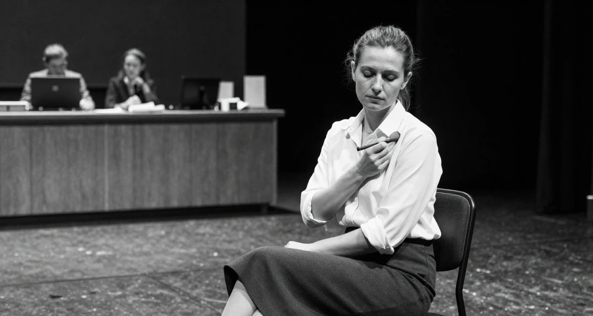 A settled Female From Hungary, majored in economics in their 34, managing a complex portfolio of responsibilities, wearing a asymmetrical hem skirt and a crisp white shirt, dusting off the shoulder in a theater stage.