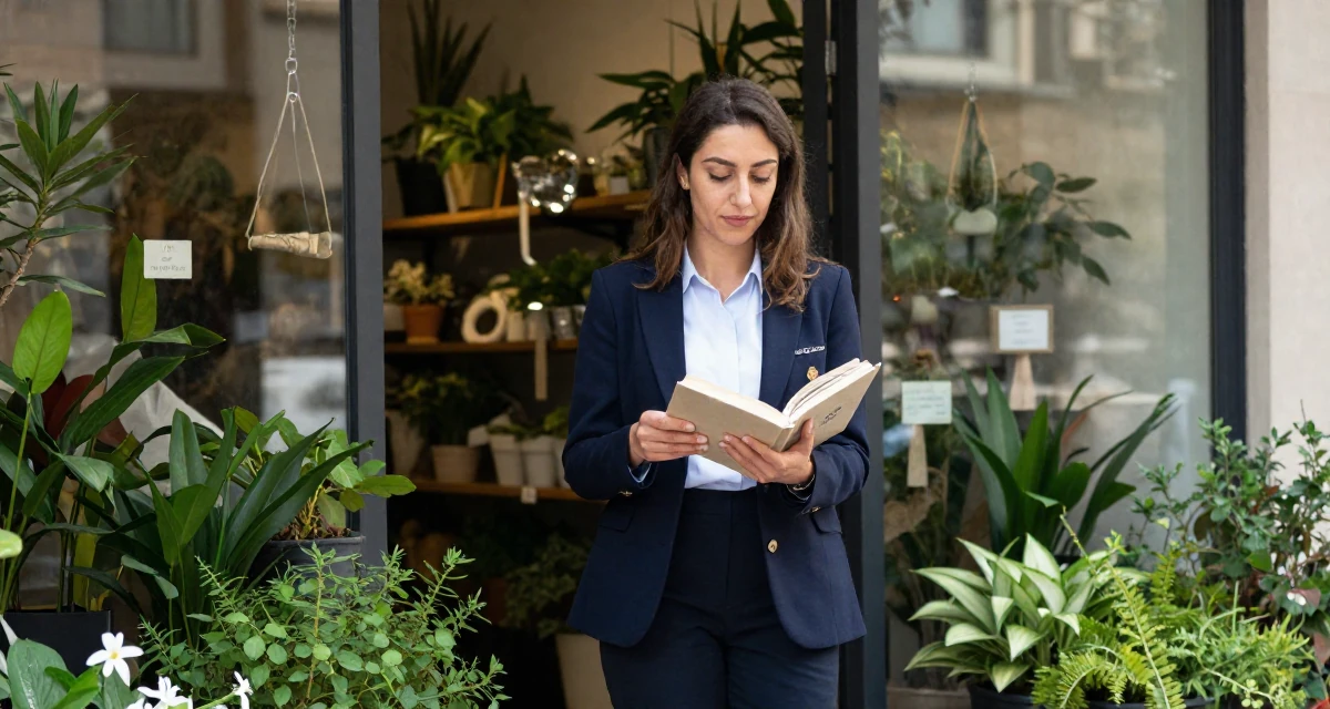 A lighthearted Female From Lebanon, based in Beirut, graduated from a creative institute majoring in expressive photoshoot styling in their 30, standing tall with unshakeable dignity, wearing a school council president uniform with a blazer, opening a book in a flower shop entrance.