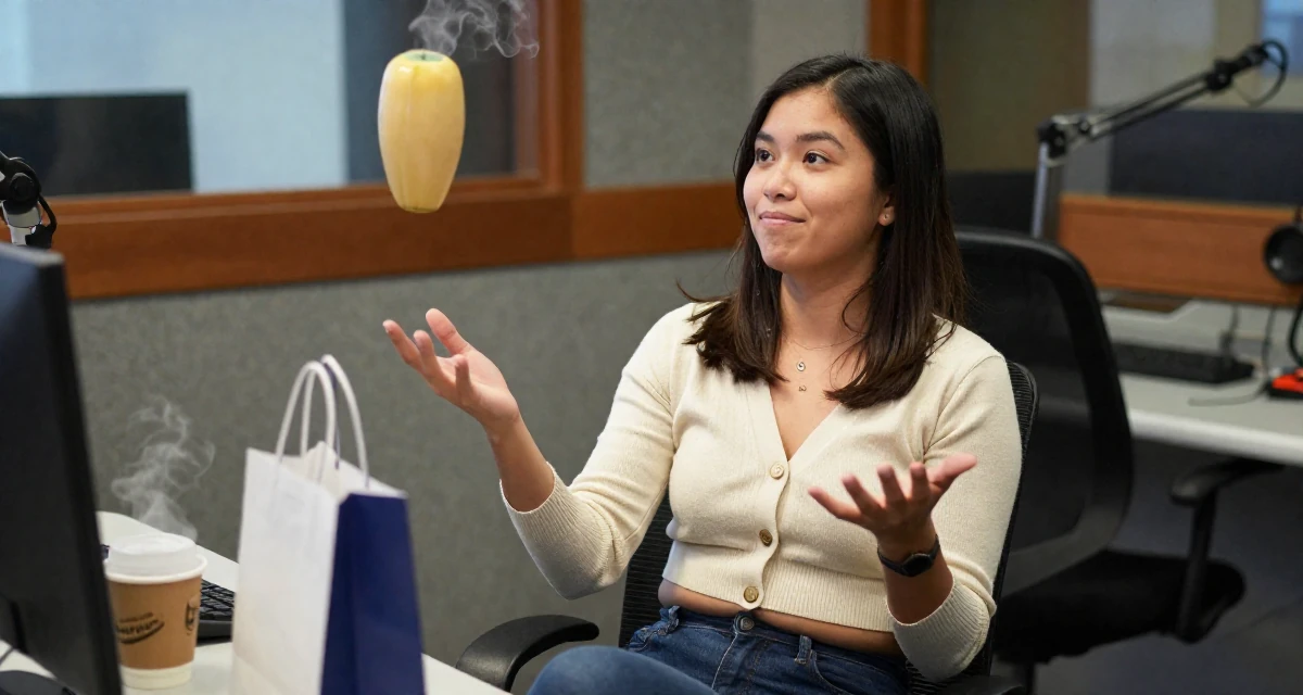 A amused Female From the Philippines, based in Cebu City, graduated from a local college majoring in public relations in their 35, juggling co-parenting and a dating life, wearing a cropped cardigan with only one button fastened, holding a shopping bag in a radio station.