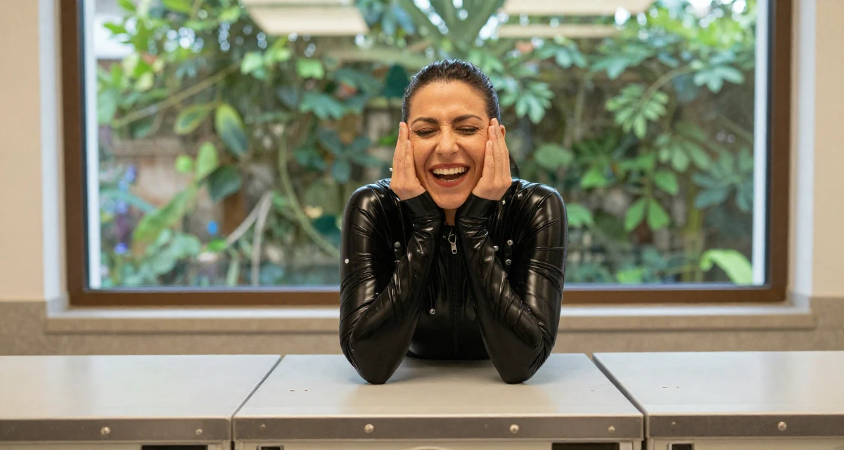 A cheeky Female From Thessaloniki Greece, practiced warm-tone aesthetic storytelling in their 40, celebrating a decade of professional mastery, wearing a glossy black latex bodysuit with futuristic details, laughing softly in a laundromat.