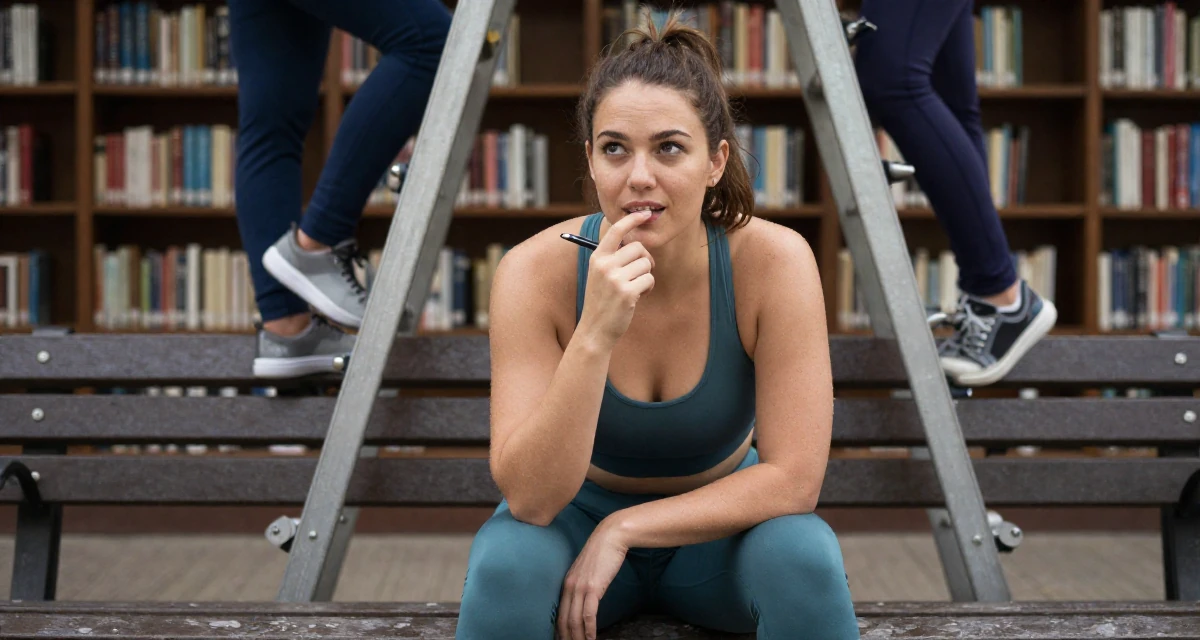 A lighthearted Female Once a logistics coordinator, now creating body-positivity material in their 28, feeling behind while peers climb stable career ladders, wearing a fitted athletic wear, chewing on a pen thoughtlessly in a park bench.