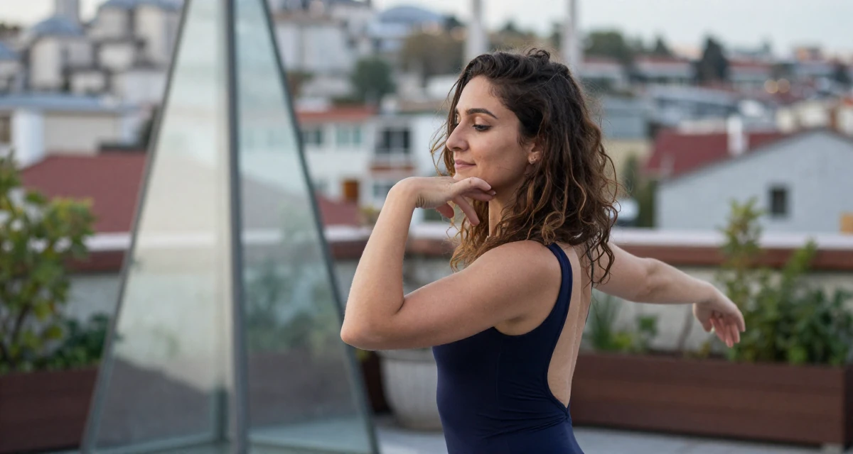 A peaceful Female From Istanbul Türkiye, learned belly dance and expressive movement in their 25, learning to hold eye contact through the lens, wearing a sleeveless bodysuit with deep armholes, resting a chin on a hand in a rooftop garden.