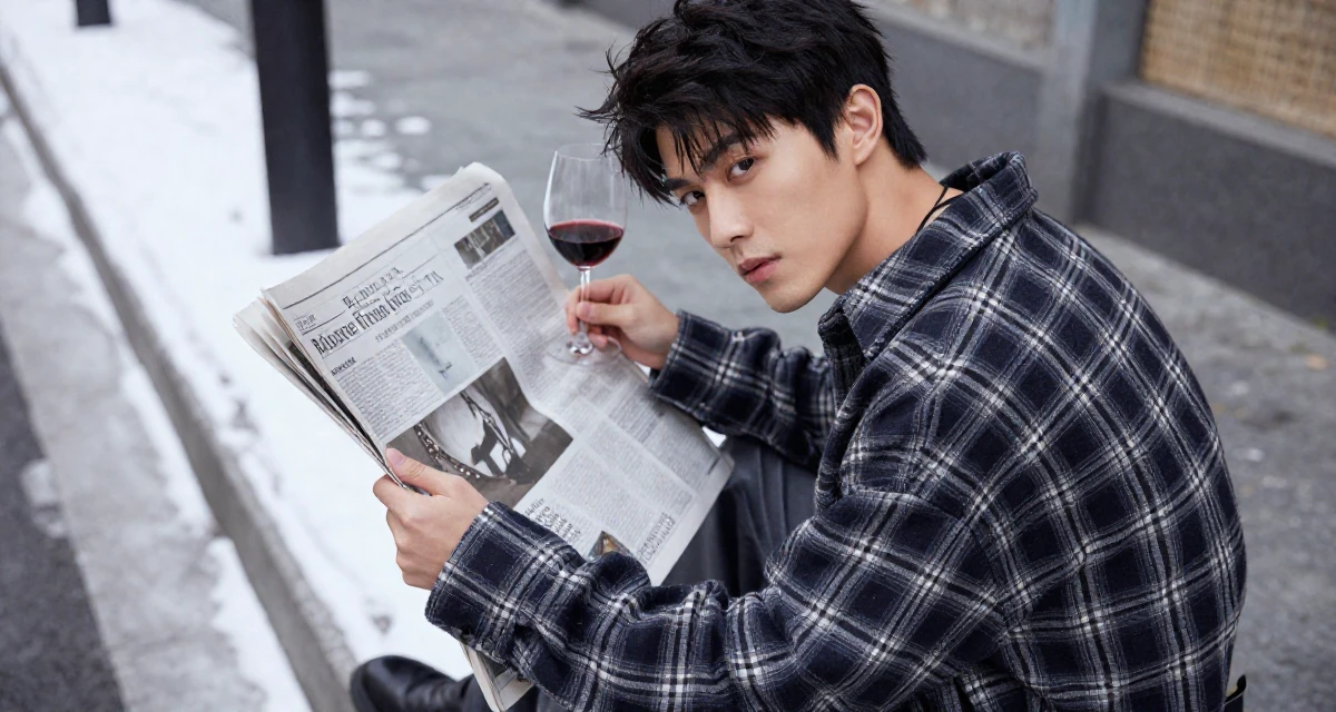 A empowered male From Nanjing China, graduated with a finance major in their 23, feeling pressure to “figure life out” quickly, wearing a oversized flannel shirt unbuttoned over a crop top, holding a newspaper in a snowy sidewalk.