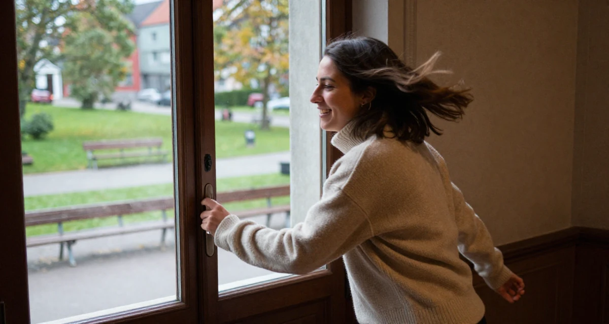 A radiant Female From Bergen Norway, studied business economics in their 24, maintaining anonymity while growing faster, wearing a cozy fleece pullover, pulling a door open in a opera house balcony.