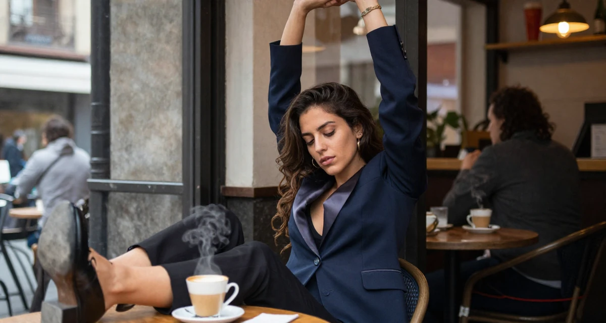 A seductive Female From Chile, based in Santiago, graduated from a communication college majoring in aesthetic storytelling in their 21, full of rebellious spirit and curiosity, wearing a satin lapel blazer and tuxedo pants, looking down at shoes in a cozy café.