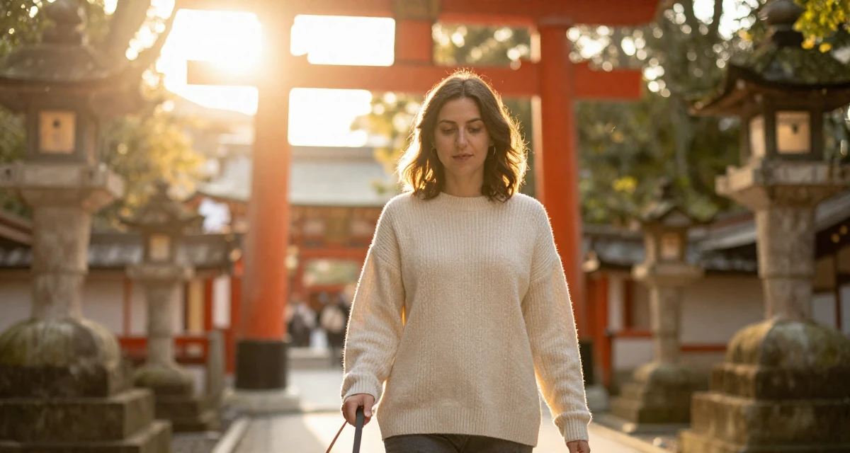 A innocent Female From Greece, studied classical studies and history in their 38, investing in real estate and passive income, wearing a soft cashmere sweater look, holding a leash in a Japanese Shinto shrine.