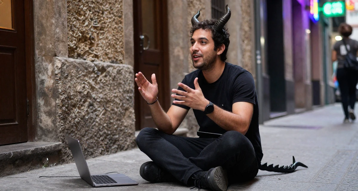 A harmonious male From Argentina, studied digital marketing in their 45, sharing wisdom on navigating office politics, wearing a demon girl outfit with horns and a spiked tail, gesturing while talking in a neon-lit alleyway.