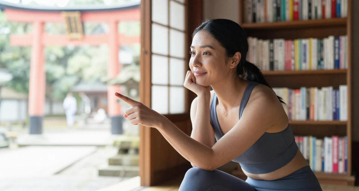A amused Female From Chile, studied commercial design in their 25, learning to hold eye contact through the lens, wearing a form-fitting athletic set with a sports bra and leggings, pointing at something nearby in a Japanese Shinto shrine.