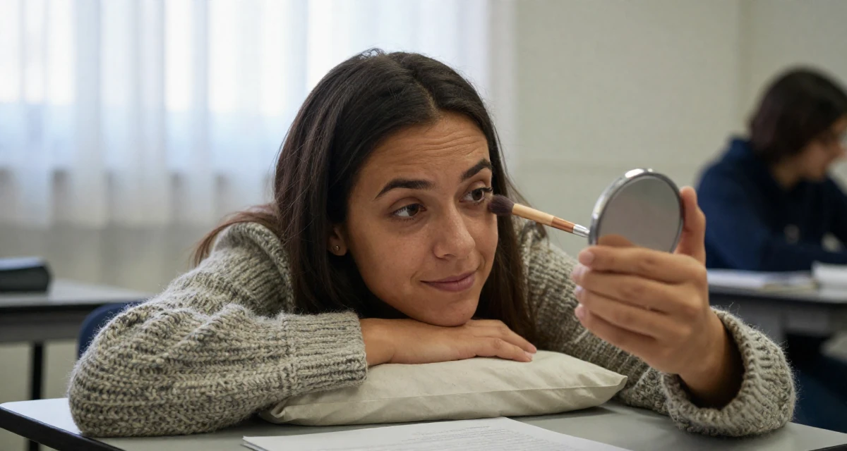 A lighthearted Female From Córdoba Argentina, studied biomedical engineering in their 36, focusing on mental health and mindfulness, wearing a textured wool sweater, checking makeup in a compact mirror in a classroom setting.