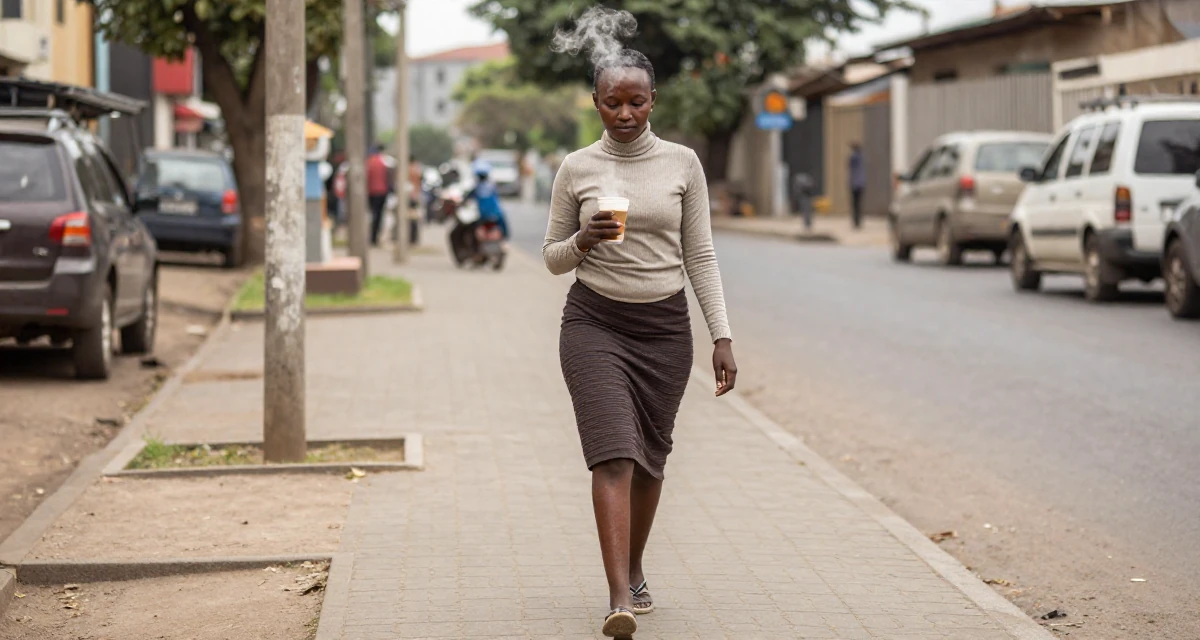 A shy Female From Tanzania, studied wildlife conservation in their 30, planning adult responsibilities with unstable cash flow, wearing a fitted turtleneck and skirt, crossing legs in a city sidewalk.