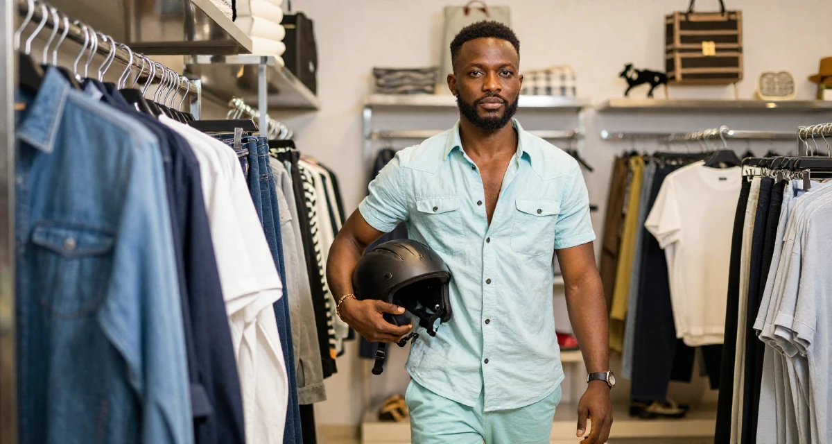 A proud male From Lagos Nigeria, majored in digital marketing in their 30, seeking adventure and outdoor challenges, wearing a breezy summer vacation outfit, holding a helmet under one arm in a clothing boutique.