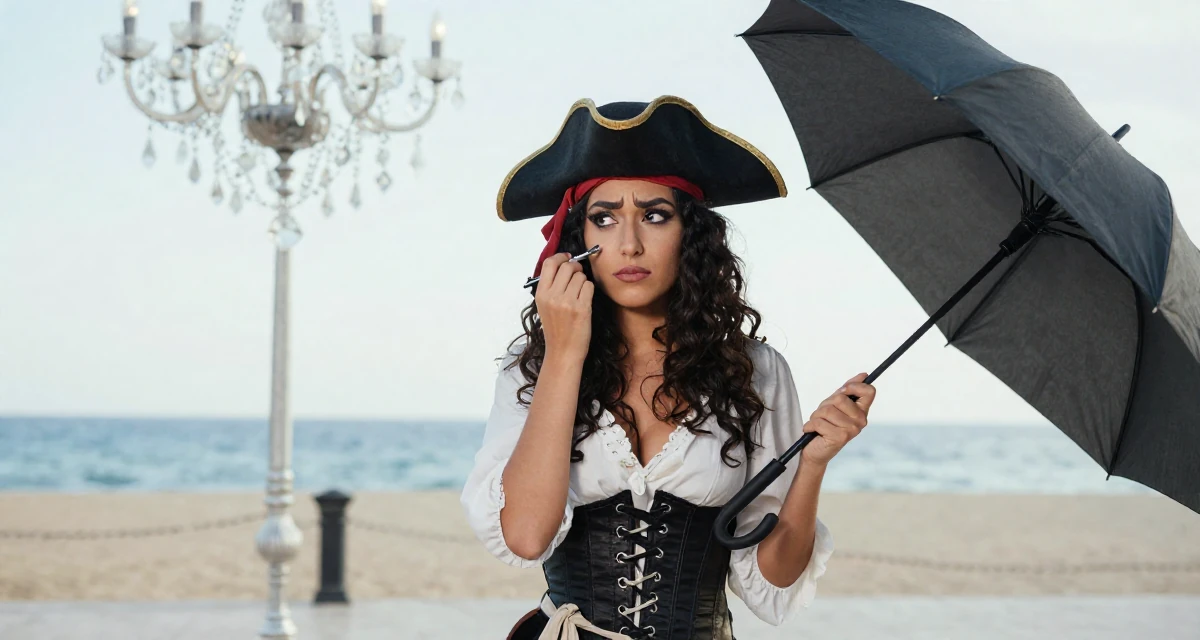 A confused Female From Egypt, majored in archaeology in their 23, discovering how makeup transforms flirty confidence, wearing a pirate captain outfit with a corset and tricorn hat, holding an umbrella in a beach promenade.