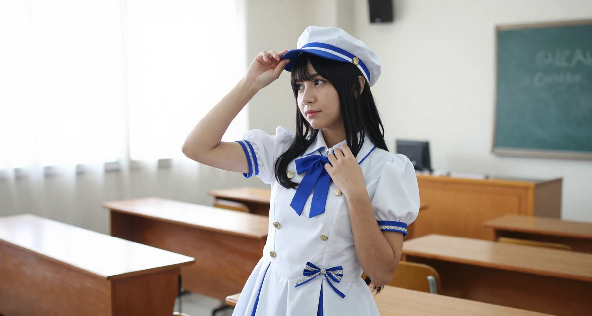 A confident Female From Brazil, studied logistics engineering in their 38, investing in real estate and passive income, wearing a anime idol stage costume with ribbons and glitter, tipping a hat in a lecture hall.