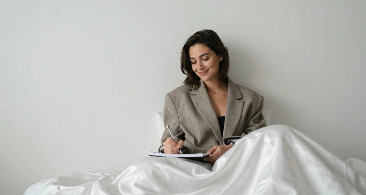 A sweet Female From Vancouver Canada, majored in fine arts in their 23, embracing flirtatious storytelling in creative sets, wearing a oversized blazer draped over the shoulders, holding a pen poised to write in a minimalist bedroom.