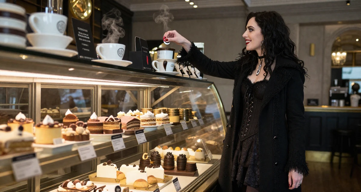 A positive Female Raised in the UK, studied marketing strategy in their 33, exploring luxury travel and fine living, wearing a gothic vampire hunter outfit with a long coat, picking something up in a bakery counter.