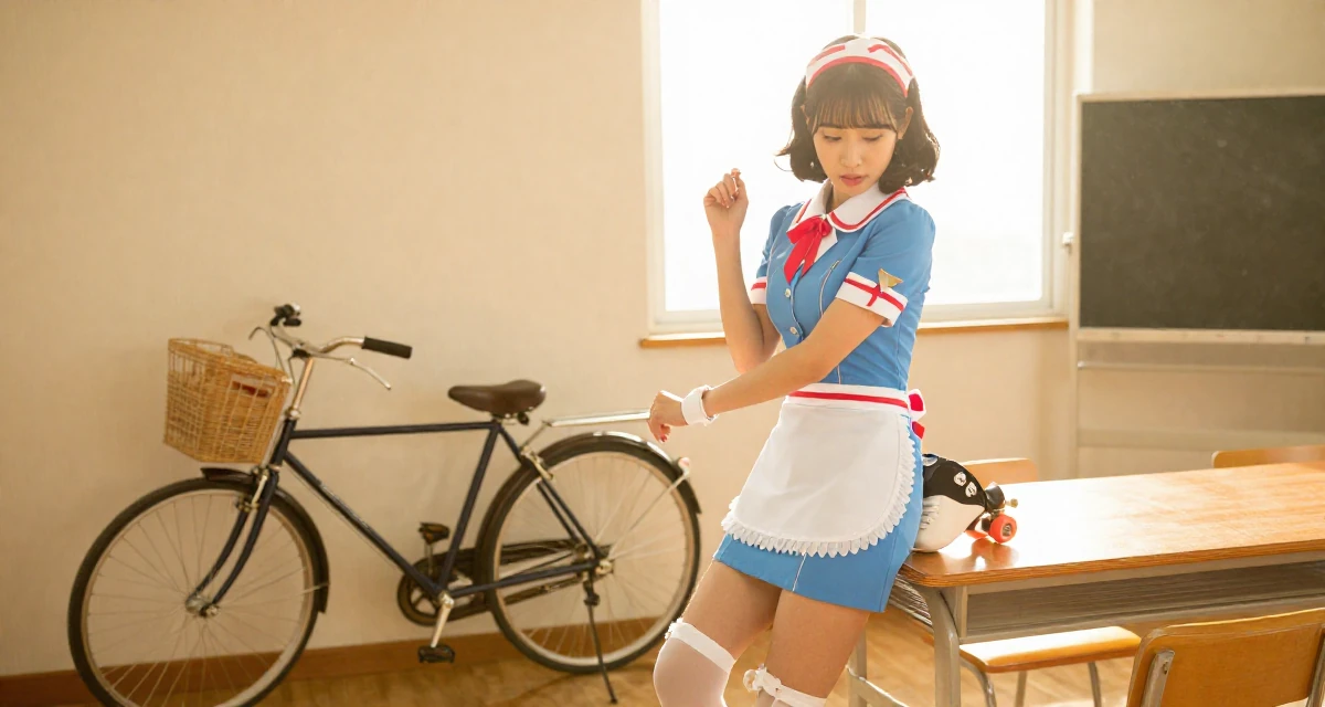 A content Female From South Korea, studied interface design in their 25, demanding respect in professional settings, wearing a retro 50s diner waitress uniform with roller skates, adjusting sleeves in a classroom setting.