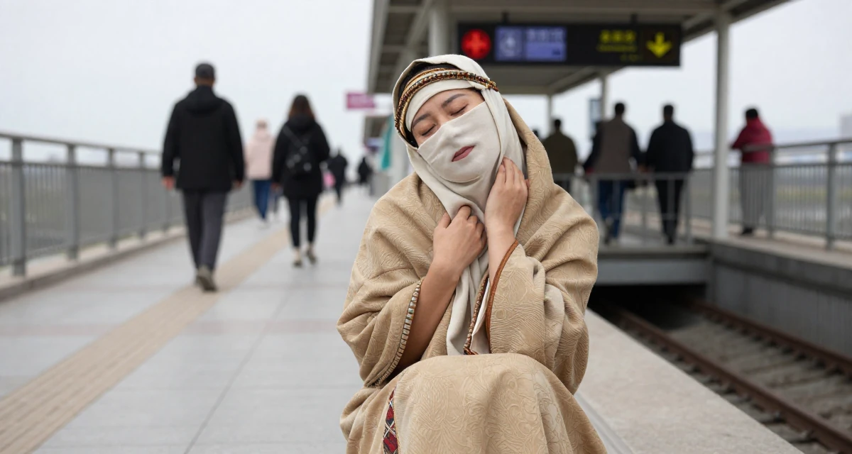 A lighthearted Female From Mongolia, majored in history and culture in their 26, balancing sensual branding with mental exhaustion, wearing a desert nomad wrap outfit with a face veil, massaging the neck in a bridge walkway.
